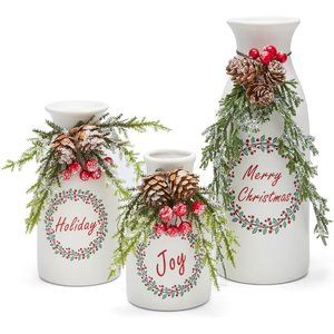 3-Piece White Flocked with Mixed Ceramic Bottles Vase Decorations